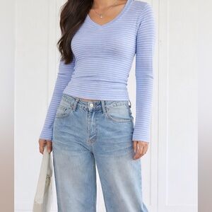 Oscar de la Renta V-Neck Henley Shirt Waffle Knit Long Sleeve Periwinkle Y2K L